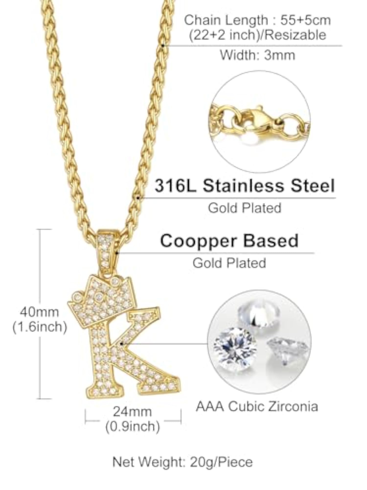 A-Z Crown Initial Letter Necklace, 18K Gold Plated